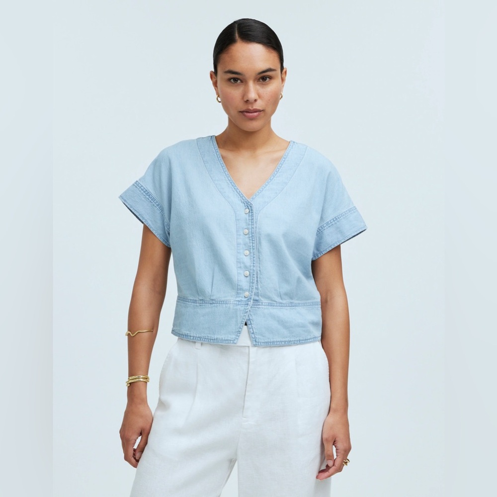 NWT Madewell Pleated Short-Sleeve Top in Chambray | Doral Wash | XS